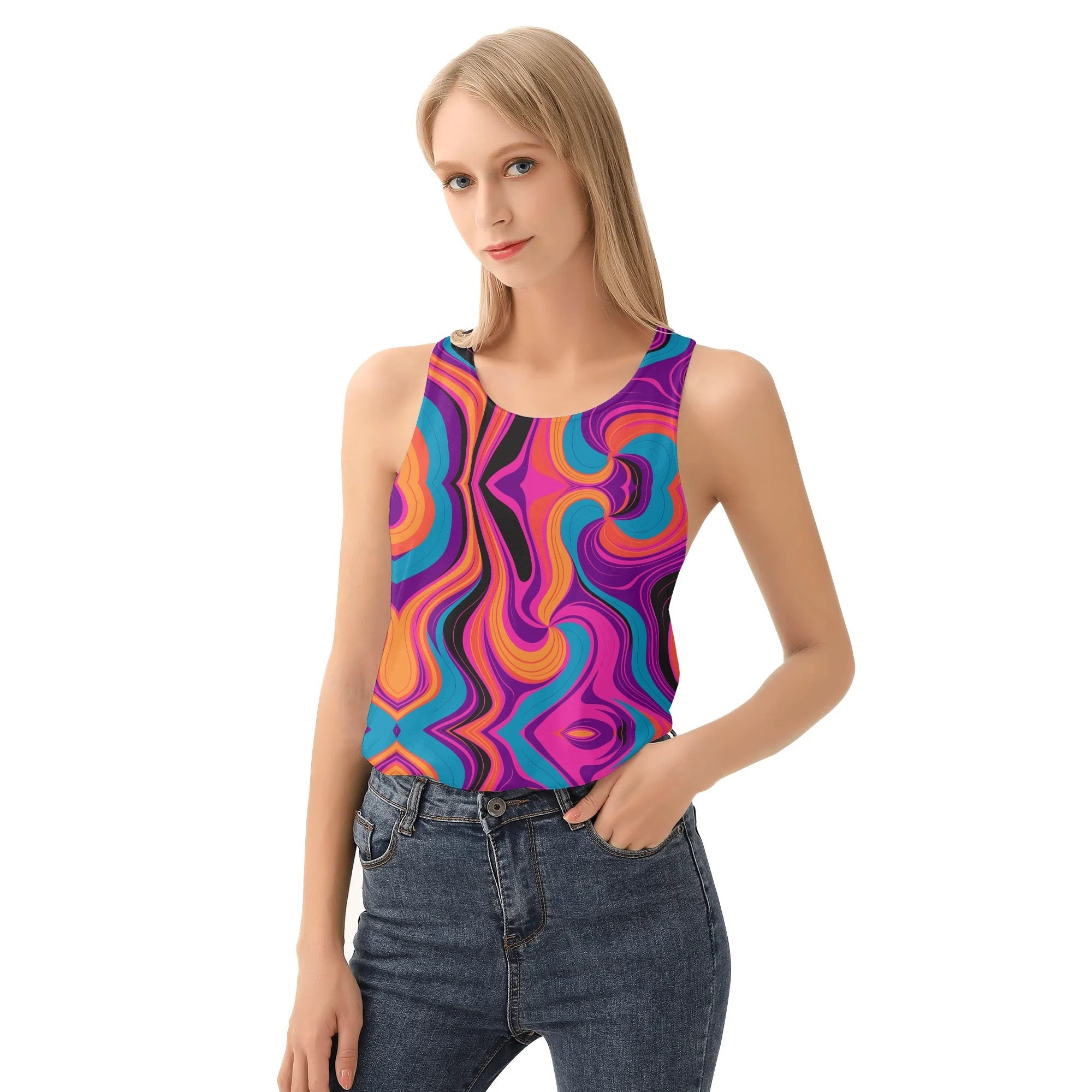 Customized Women's Retro Swirl Tank Top – Full Print, Bold & Vibrant