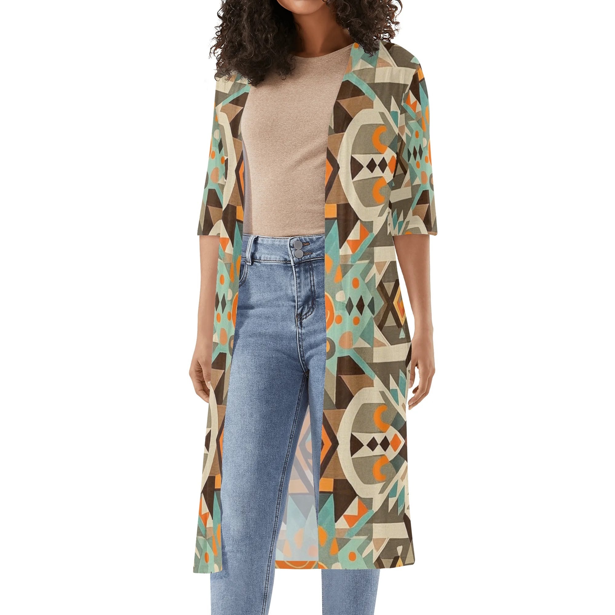 Customized Versatile Polyester Kimono Duster Coat--Full Printing Lightweight Outerwear