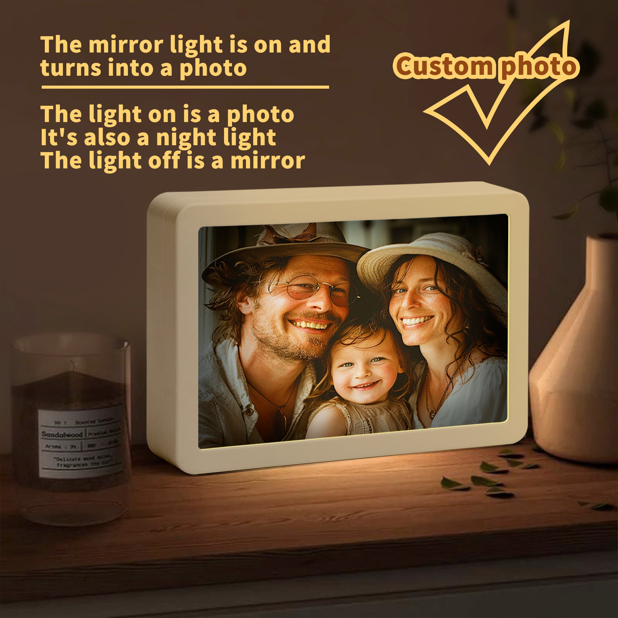 Light Up Your Memories in Style – Personalized LED Mirror Photo Frame(Horizontal White)