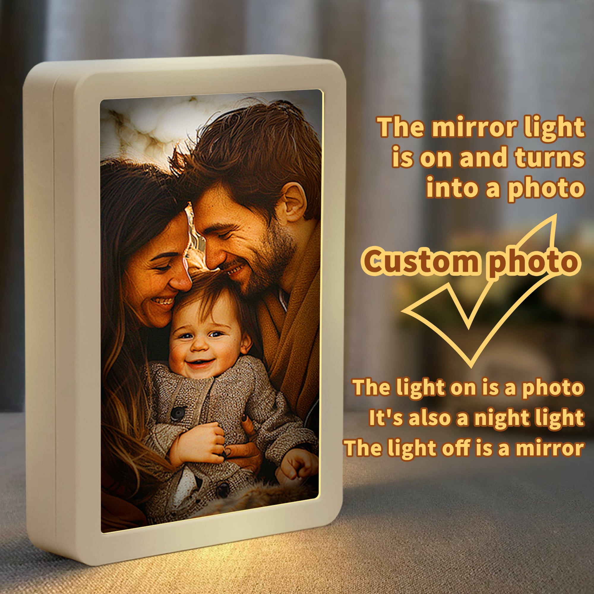 Illuminate Your Memories in Style – Personalized LED Mirror Photo Frame (Vertical White)