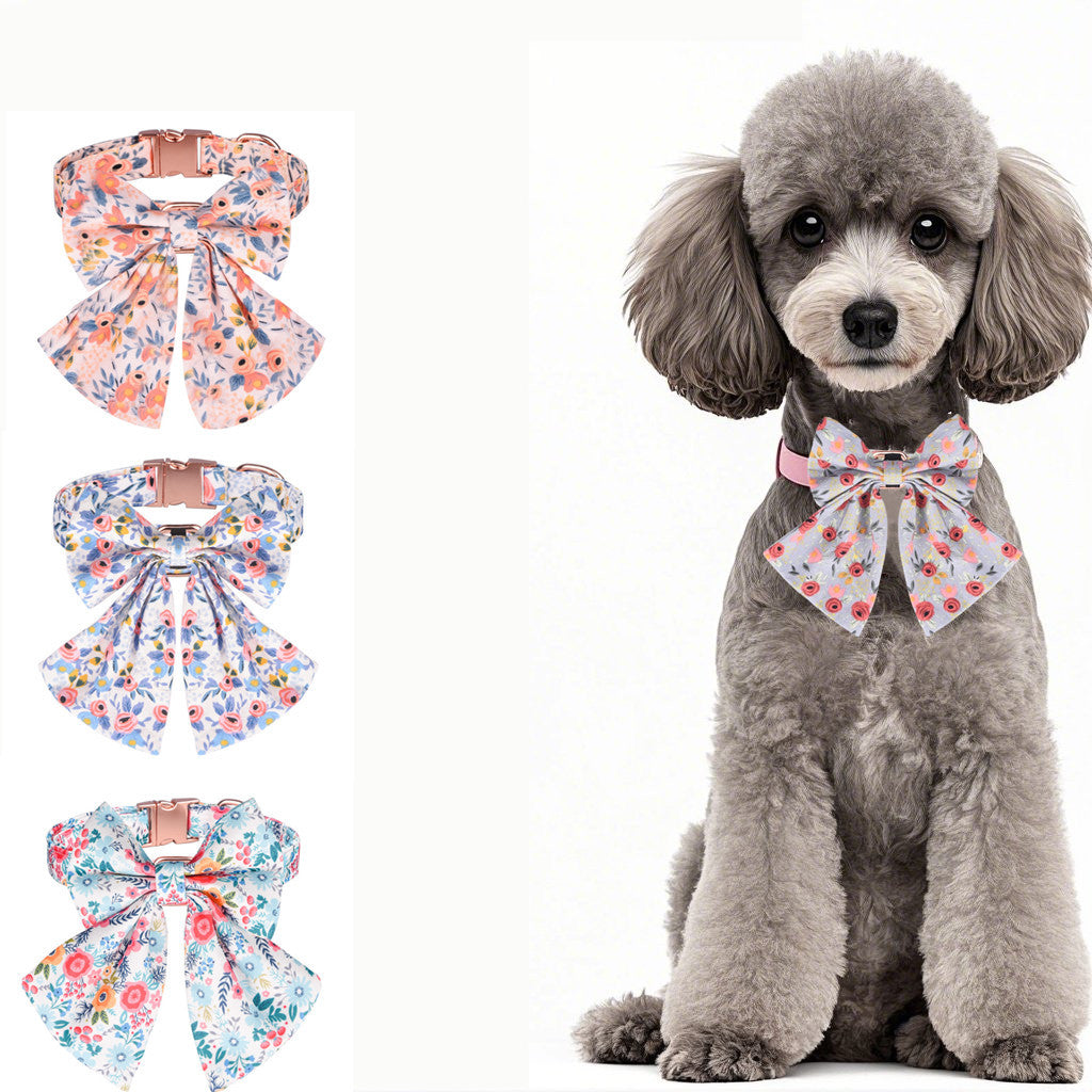 Adjustable Floral Bow Dog Collar-- Customized Pet Name & Phone Number-Grey