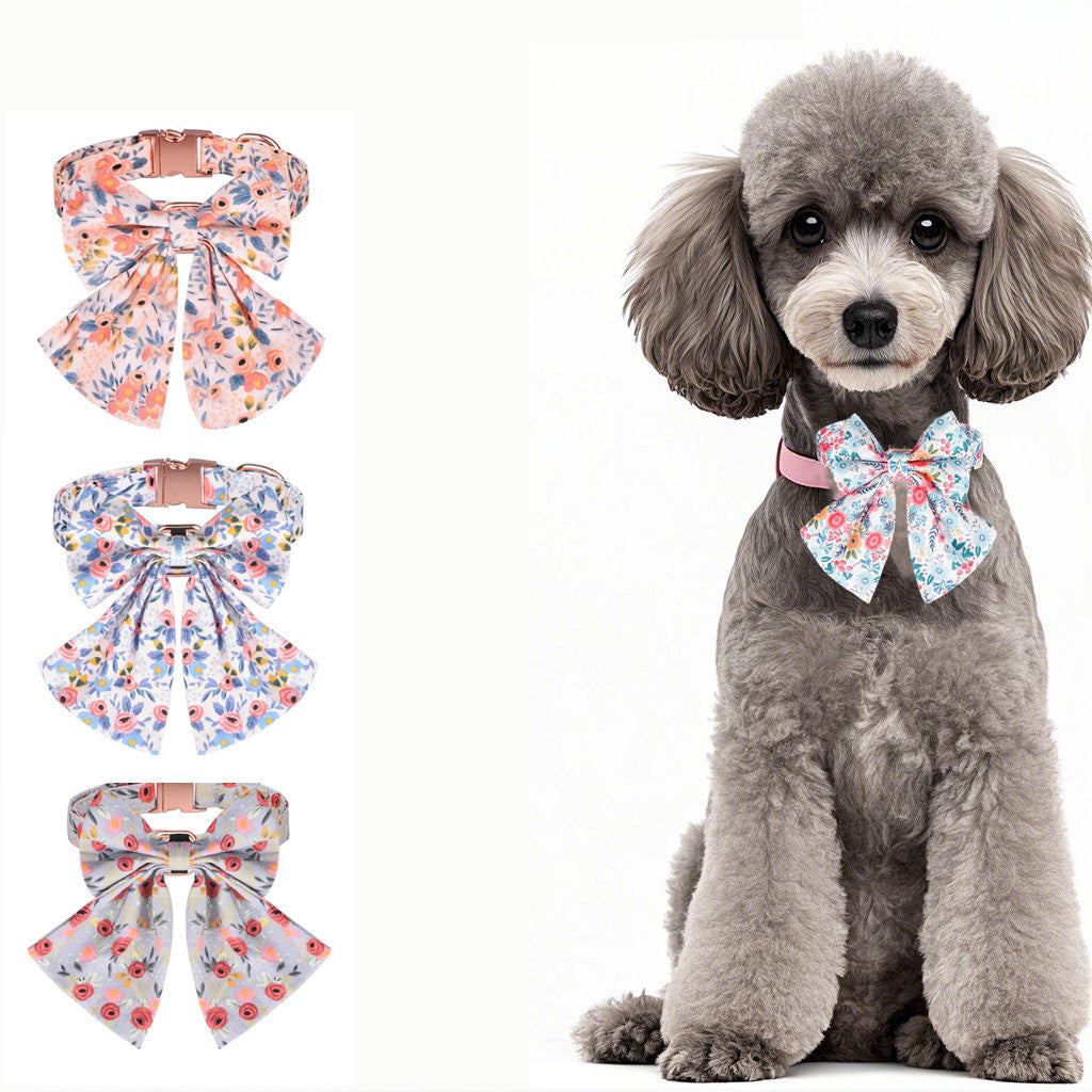 Adjustable Floral Bow Dog Collar--Pet Name & Phone No. Can Be Customized-Blue
