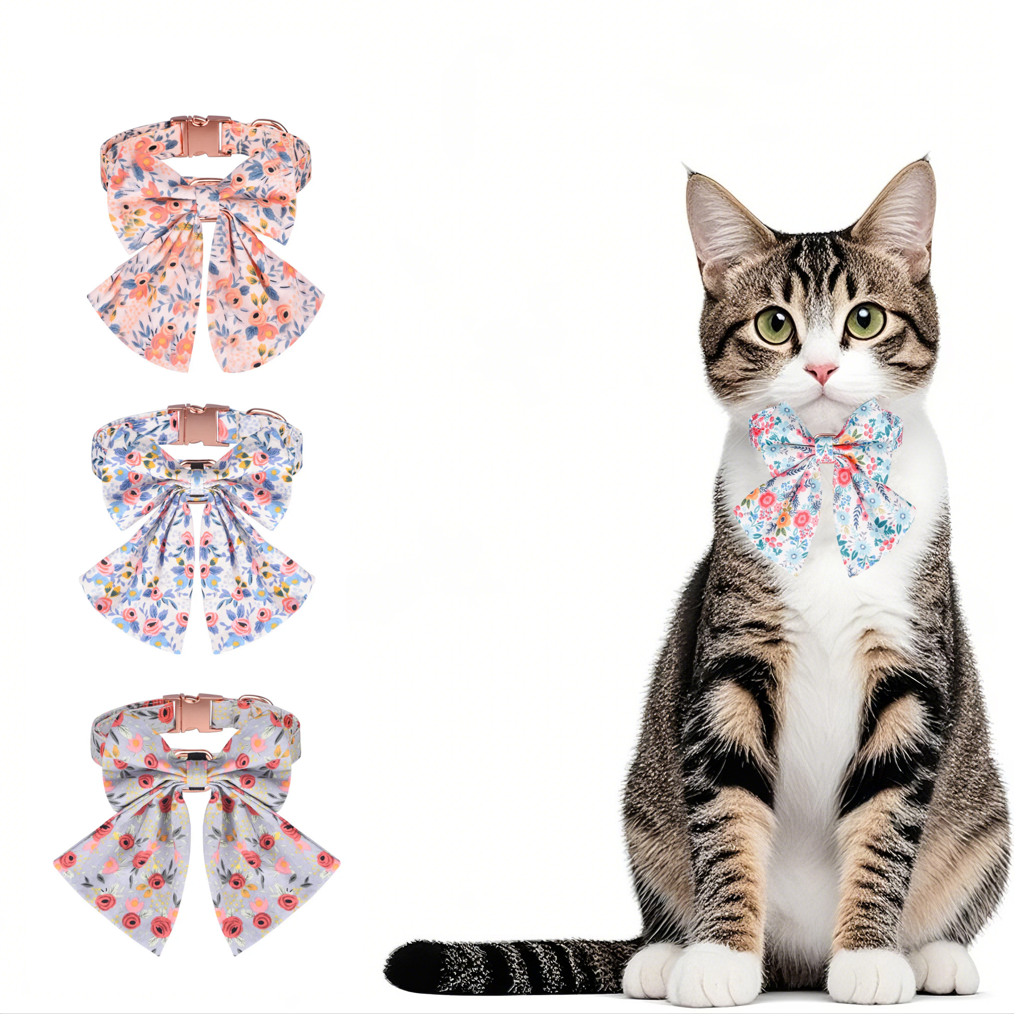 Adjustable Floral Bow Cat Collar--Pet Name & Phone No. Can Be Customized/Blue
