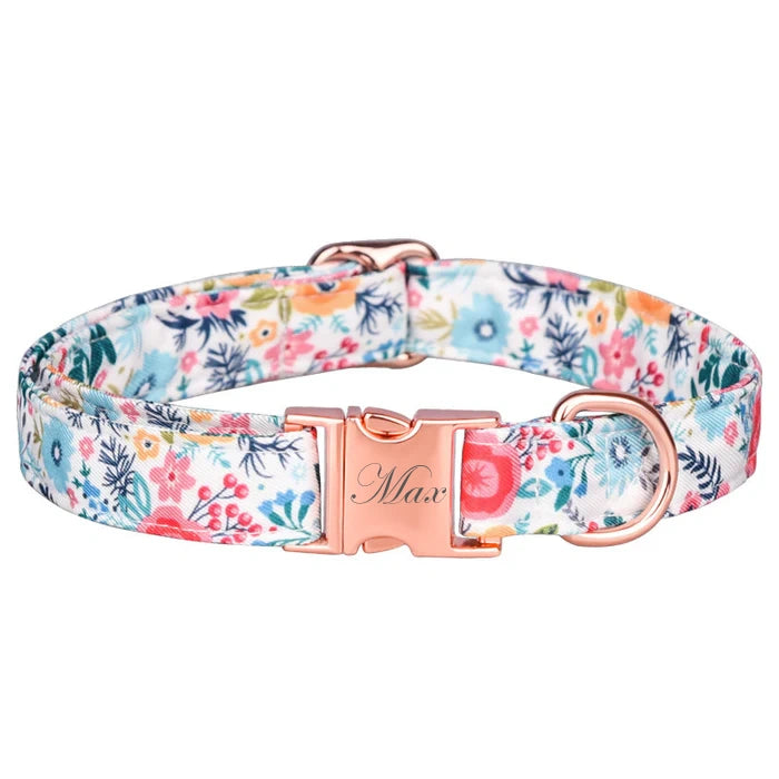 Adjustable Floral Bow Dog Collar--Pet Name & Phone No. Can Be Customized-Blue